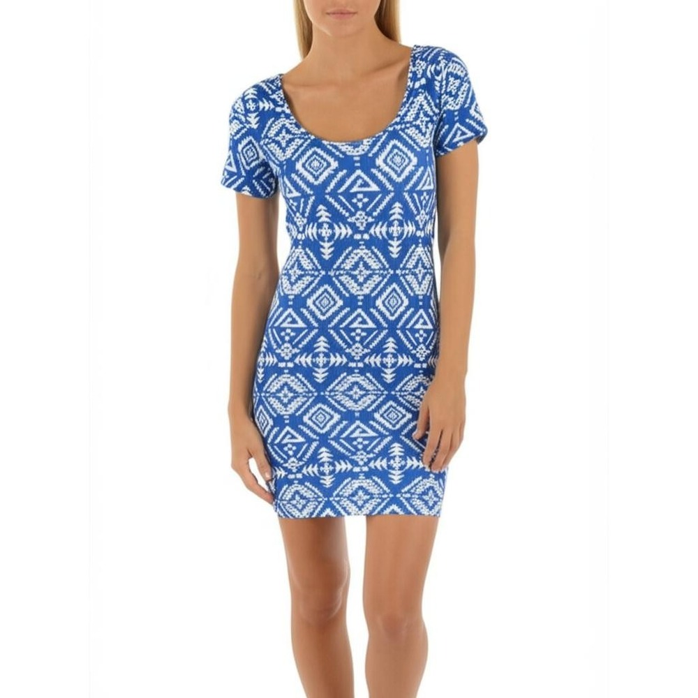 Forever 21 Blue White Aztec Geometric Bodycon Mini Dress Womens S Y2K Festival